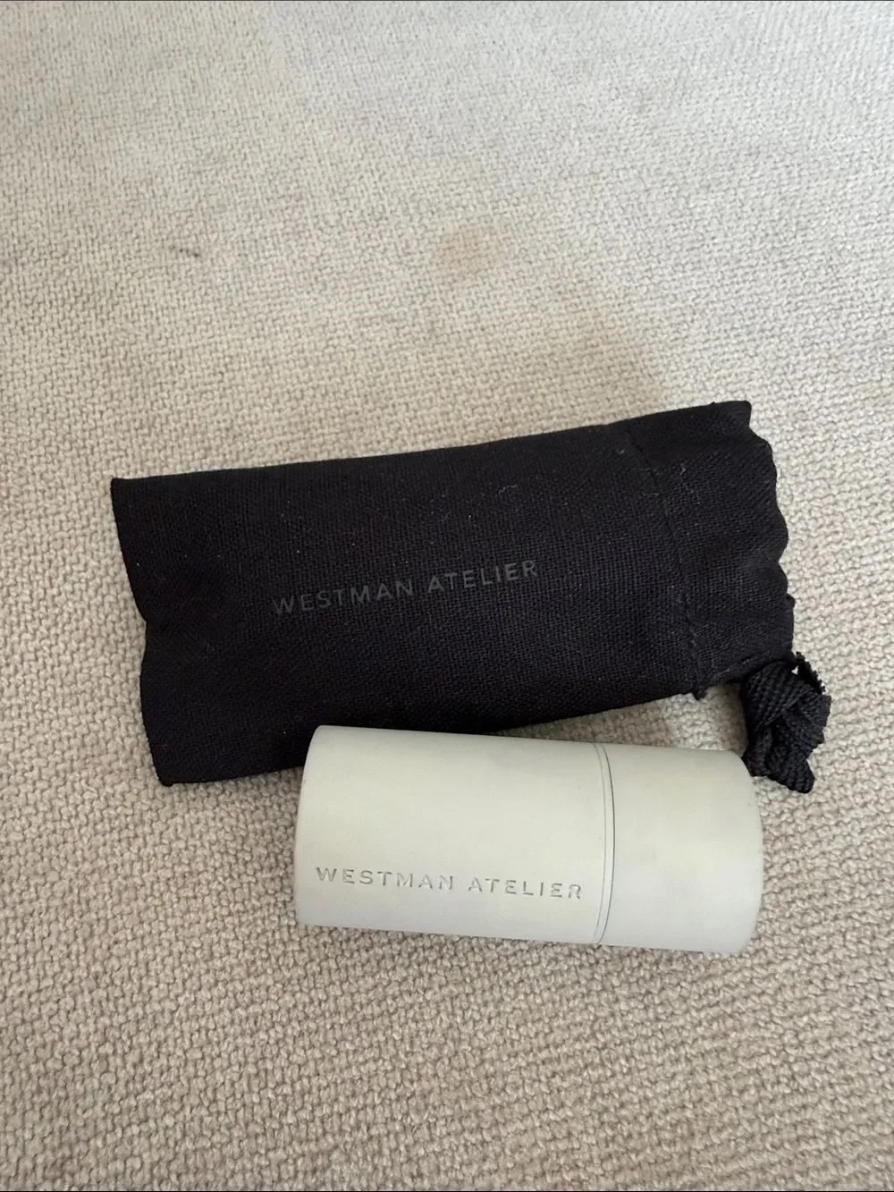 Westman Atelier Light Gray Makeup Case with Black Drawstring Dust Bag